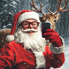 Santa Claus Taking Selfie with Reindeer in Snowy Forest