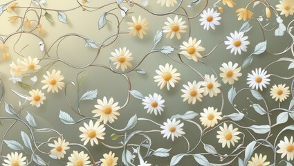 Elegant Floral Pattern Daisies and Vines Soft Pastel Hues Nature Background