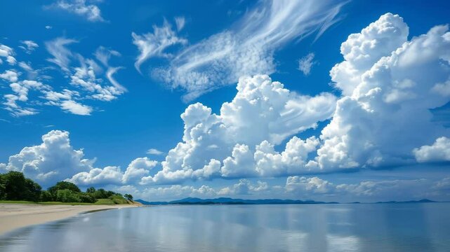 青空と入道雲が広がる静かな浜辺