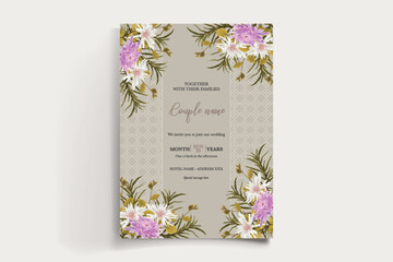 WEDDING INVITATION FRAME WITH FLOWER DECORATIONS AND FRESH LEAVES