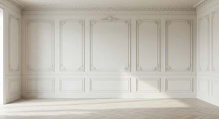 Elegant interior with ornate wall panels and herringbone wood flooring creates space