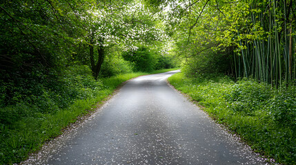 Fototapeta premium Scenic Pathway Through Lush Green Forest With White Petals