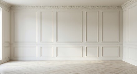 Refined interior with elaborate wall panelling and herringbone floor pattern