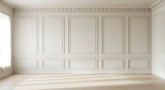 Elegant interior showcasing classic wall paneling and bright, natural light ambiance