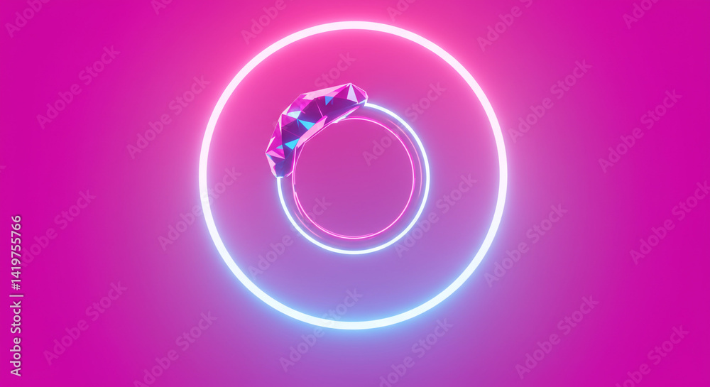 Wall mural abstract polygonal object floating between neon circles on a pink gradient background design