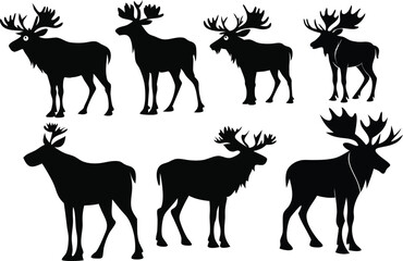 Silhouettes of deer, majestic stags, black and white illustration, antlers, elegant pose, wildlife art, minimalist design, vector graphics, woodland creatures, negative space, stylized animal shapes, 