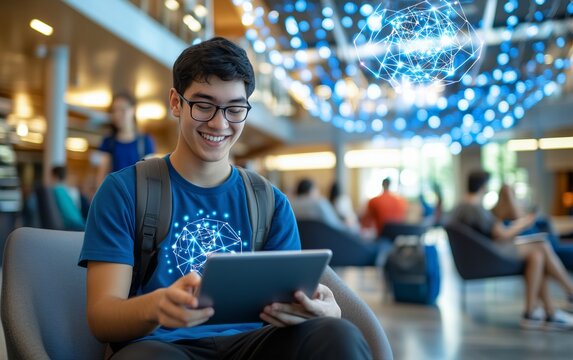 Student engrossed in digital learning experience in a modern university campus.  A vibrant image of a student using a tablet, highlighting the future of education.