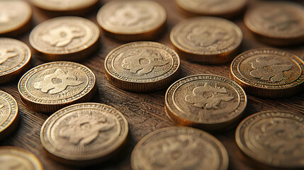 Golden Coins On Wooden Background