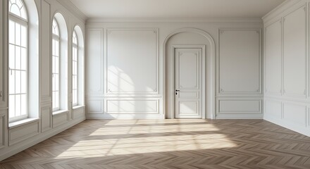 Elegant empty room interior with herringbone floor and classic wall paneling