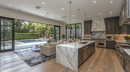 Modern kitchen interior with island and open doors leading to a pool.