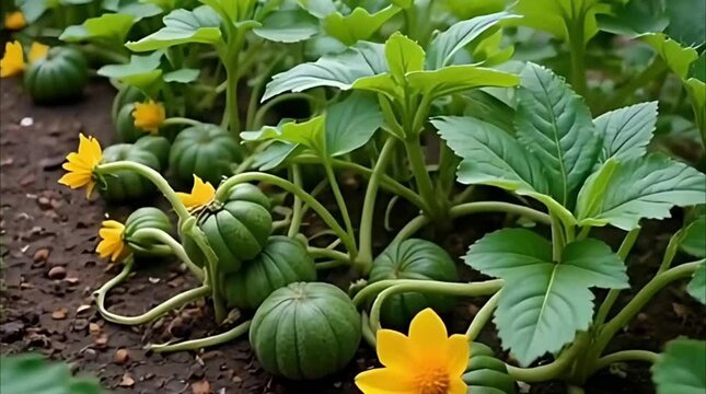 Time-lapse of a pumpkin vine spreading across a garden