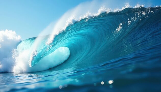 Crystal clear blue water, powerful wave curling , photography, swell