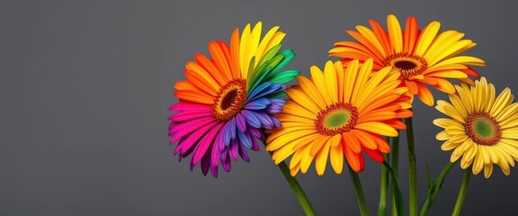 Vibrant daisy blooms in rainbow hues against a stark gray backdrop; green stems visible, green, blossom, summer