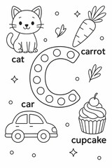 Fun Educational Coloring Page for Kids Featuring Cat, Car, and Cupcake