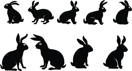 Black silhouettes, rabbits, hares, multiple poses, jumping, sitting, running, ears up, dynamic composition, stylized animal shapes, white background, graphic design, minimalist illustration, vector ar