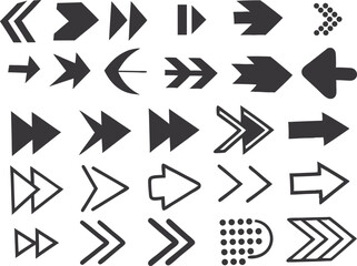 Black and white arrows, geometric shapes, directional symbols, minimalist design, simple line art, vector graphics, right-pointing arrows, various arrow styles, monochrome illustration, graphic design