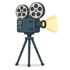 Obraz premium A vintage film camera with reels, projecting light, mounted on a tripod.