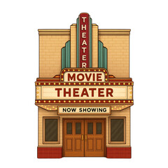 A vintage movie theater with bold signage and art deco design, featuring a marquee that indicates films are currently showing.