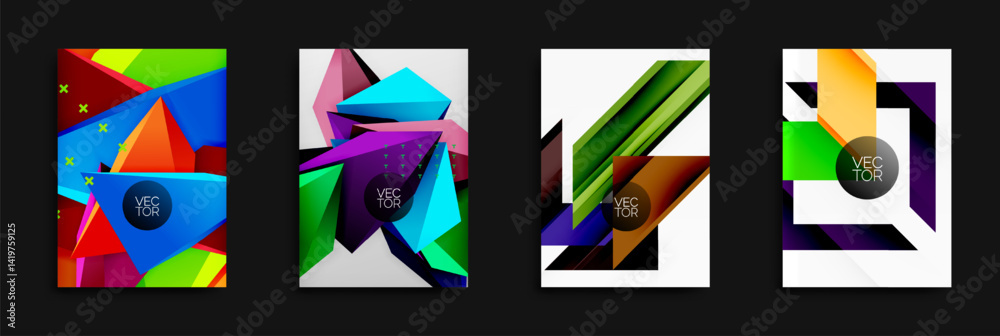 Poster bright abstract geometric designs. vivid colors, sharp angles, modern vector illustrations. dynamic 