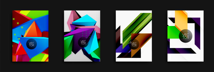 Bright abstract geometric designs. Vivid colors, sharp angles, modern vector illustrations. Dynamic compositions, clean aesthetic.