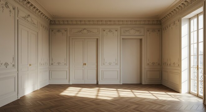 Sunlit elegance: Classic interior with ornate moldings and parquet flooring