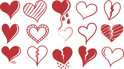 Red hearts, hand-drawn style, Valentine's Day design, love symbols, sketchy hearts, various heart shapes, white background, romantic illustration, minimalist artwork, red and white color scheme, doodl