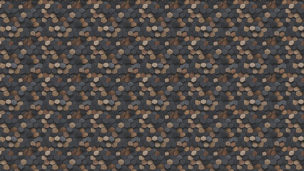 seamless small 3D hexagonal tiles arranged in honeycomb  pattern with wooden surface. color palette mixture of light beige ,brown, dark gray, charcoal and black color style background