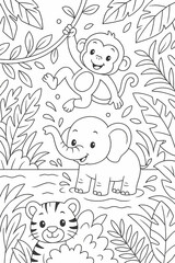 Fototapeta premium Cute Jungle Animals Coloring Page for Kids with Monkey, Elephant, Tiger