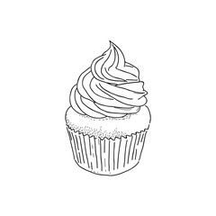 A clean black and white vector line drawing of a cupcake with fluffy swirled frosting. Perfect for use in dessert menus, bakery branding, coloring books, greeting cards, sweet treat designs, and café 