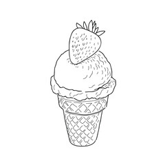 Black and white vector-style line drawing of a delicious ice cream cone topped with a fresh strawberry. Features a detailed waffle cone and textured scoop, perfect for food-themed coloring pages