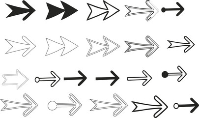 Black and white arrows, geometric shapes, directional symbols, minimalist design, simple line art, vector graphics, right-pointing arrows, various arrow styles, monochrome illustration, graphic design