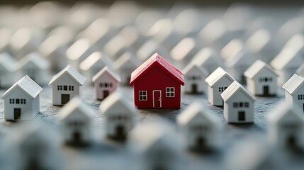Single red house amidst many white houses.