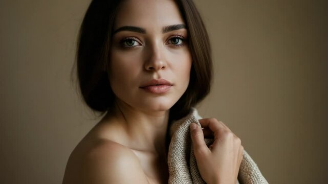 Portrait of a woman with a towel, showcasing natural beauty in a soft, neutral-toned background - aquiline nose