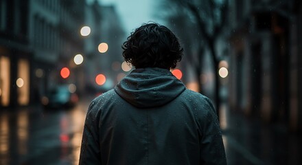 Contemplative figure walking through city street amidst rainy, melancholic atmosphere