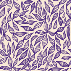 watercolor seamless hand drawn outline pattern with leaves silhouettes