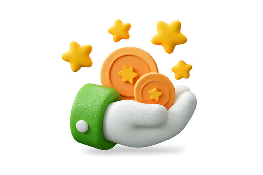 a 3d rendering cartoon hand tenderly cradles gold coins, augmented by radiating stars, evoking a sense of valuable rewards, with hints of achievement and financial prosperity.