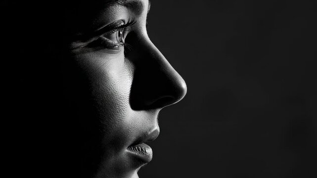 Profile portrait of a young person with soft lighting highlighting facial features against a dark background - aquiline nose