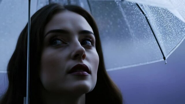 Woman gazing upward under a rain-covered umbrella, with a serene background of blurred colors - aquiline nose
