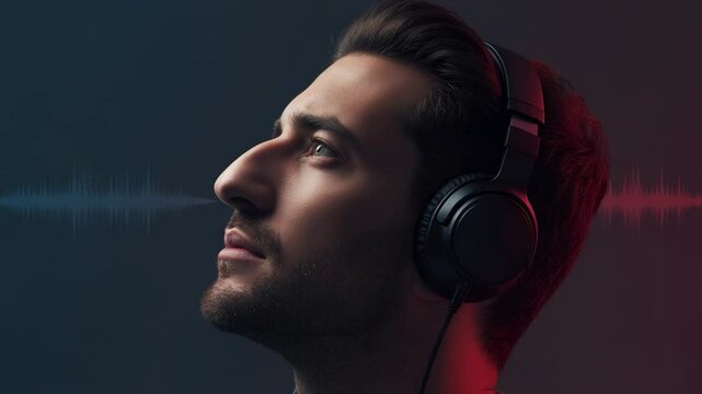 Young man enjoying music with headphones, immersed in sound, with colorful audio wave in background - aquiline nose