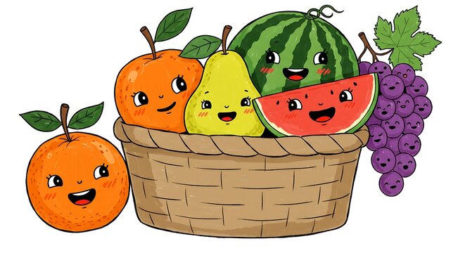 Cartoon fruits with expressions illustration of a basket full of fresh summer produce