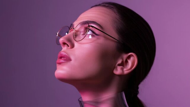 Close-up portrait of a woman wearing stylish glasses, gazing upwards with a soft purple background - aquiline nose