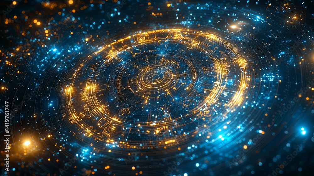 Wall mural cosmic celestial glyphs form an intricate circular pattern.
