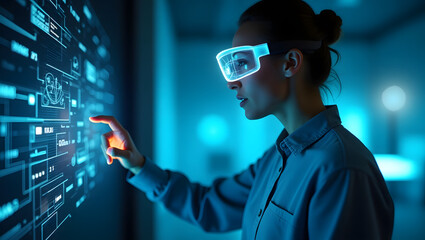 "Person Wearing AR Glasses Interacting with Digital Holographic Data Visuals"

