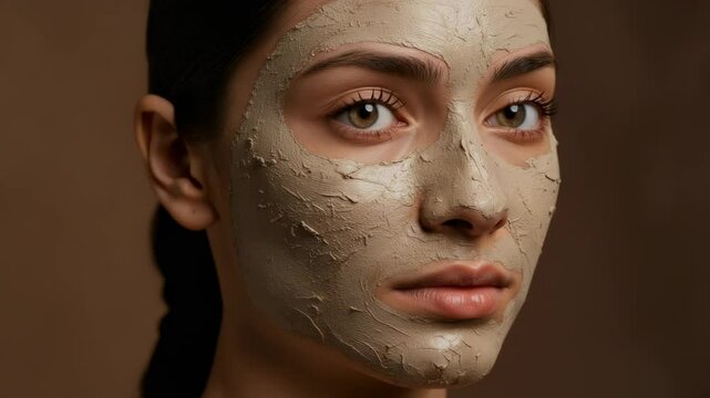 Woman applying a clay facial mask, showcasing skin care routine against a warm, neutral background - aquiline nose