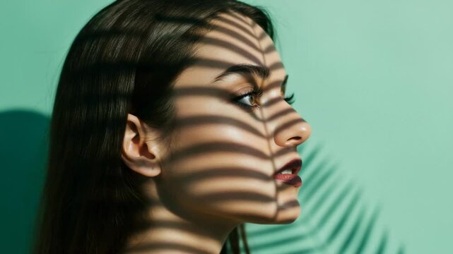 A close-up portrait of a woman with shadows from palm leaves creating striking patterns on her face - aquiline nose