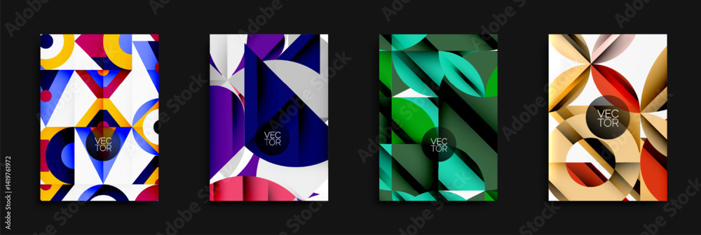 Poster four vibrant abstract designs. geometric shapes overlap, creating dynamic compositions. colors varyy