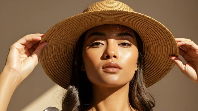 Young woman adjusting her straw hat while posing against a warm, neutral background, radiating confidence - aquiline nose