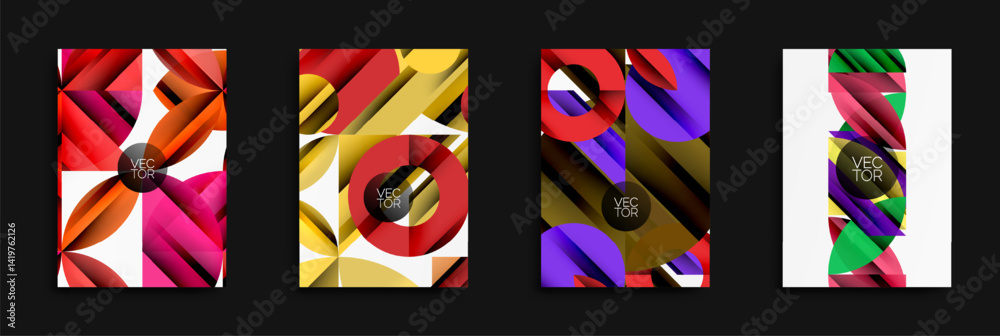 Poster Abstract geometric designs. Vivid colors, shapes overlap creating dynamic compositions. Modern vector illustrations.