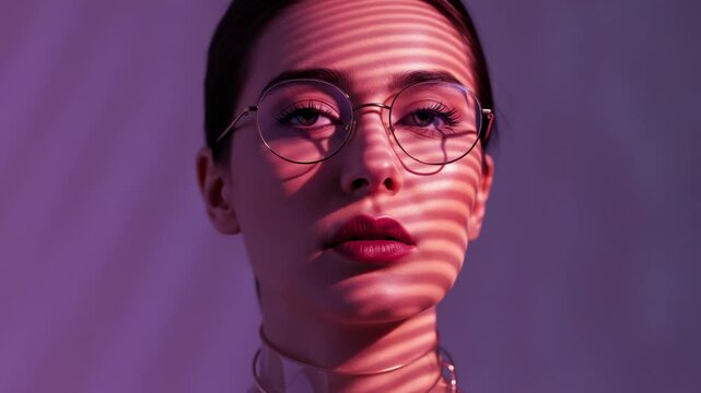 Portrait of a woman with glasses illuminated by soft purple light and shadow patterns on her face - aquiline nose