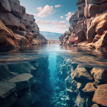 Stunning split view of Silfra fissure in Iceland showing rocky underwater rift and distant mountains

